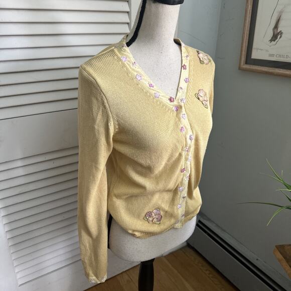 Vintage BIBELOT Sweater Womens Large Yellow Cardigan Floral Retro Dainty Cottage - Picture 3 of 8